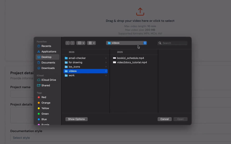 Screenshot from the guide: the file-open dialog over the upload page